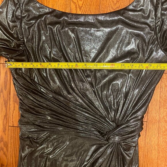 Rene Ruiz Collection Ruched Side Slit Patent Glitter Long-Sleeve Gown - Picture 7 of 9